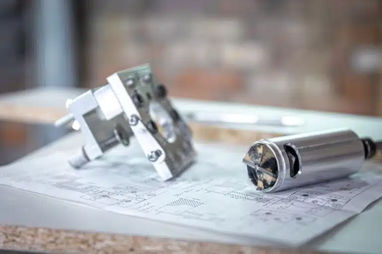 Stahl- & Edelstahlkonstruktionen | KO-MET Metalltechnik Flensburg 11 Stahlbau-close-up-of-a-precision-drilling-device-and-a-hing-2025-03-13-04-15-46-utc