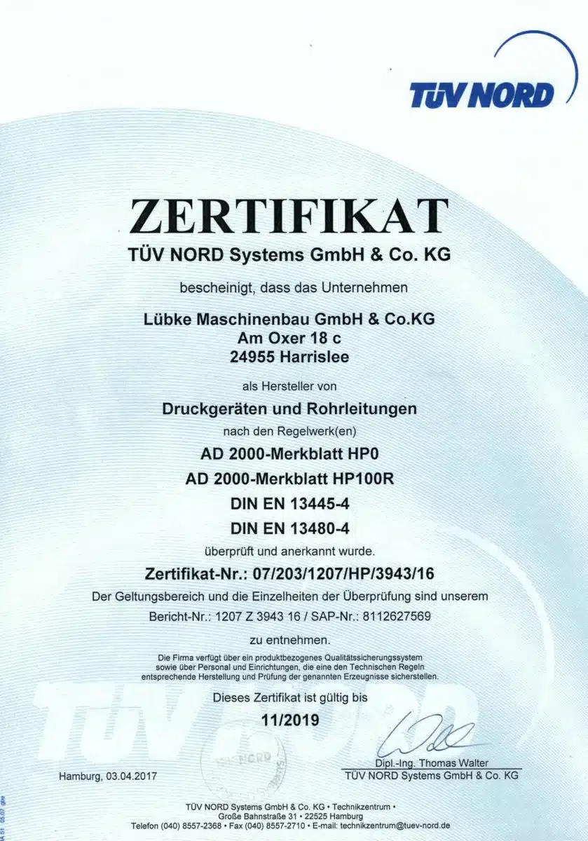 KO-MET Metalltechnik ist nach AD 2000 HP0 / HP100R sowie DIN EN 13445-4 und DIN EN 13480-4 zertifiziert.