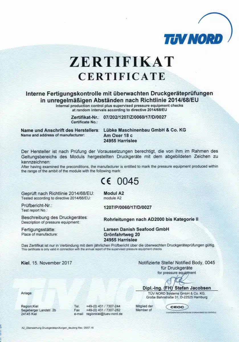 KO-MET Metalltechnik ist nach der Druckgeräterichtlinie 2014/68/EU zertifiziert.