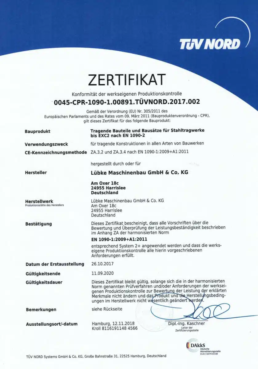 KO-MET Metalltechnik - Zertifizierungen & Qualitätsnachweise 6 KO-MET Metalltechnik ist nach EN 1090-1 zertifiziert.